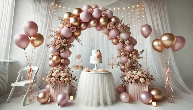 DALL·E 2025-01-09 16.39.32 - A beautiful baby shower decoration setup featuring a pastel balloon arch in shades of mauve, cream, and metallic rose gold. The decor includes floral