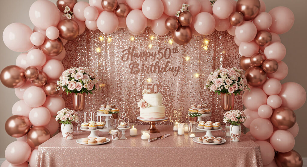 Elegant rose gold and blush pink 50th birthday party setup with a luxurious balloon arch, floral arrangements, a two-tier cake, sequin backdrop, and dessert table.