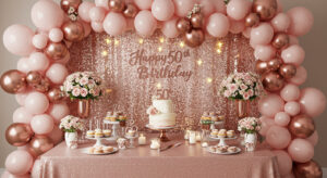 Elegant rose gold and blush pink 50th birthday party setup with a luxurious balloon arch, floral arrangements, a two-tier cake, sequin backdrop, and dessert table.