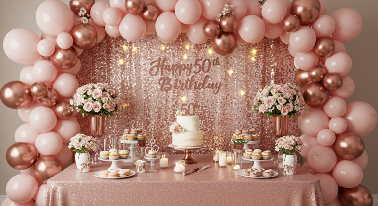 Elegant rose gold and blush pink 50th birthday party setup with a luxurious balloon arch, floral arrangements, a two-tier cake, sequin backdrop, and dessert table.