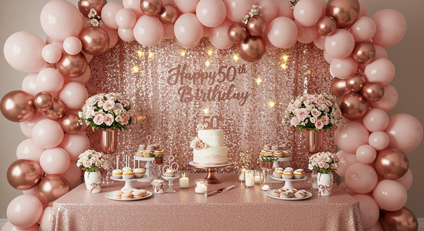 Elegant rose gold and blush pink 50th birthday party setup with a luxurious balloon arch, floral arrangements, a two-tier cake, sequin backdrop, and dessert table.