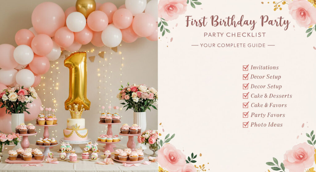 First birthday party checklist with pink and gold decor, number '1' balloon, cake, and a checklist with tick marks for invitations, decor setup, and desserts