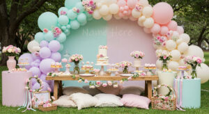 Pastel pink, mint, and lavender balloon arch with a gold foil number 1 balloon and floral accents for a baby girl’s 1st birthday party.