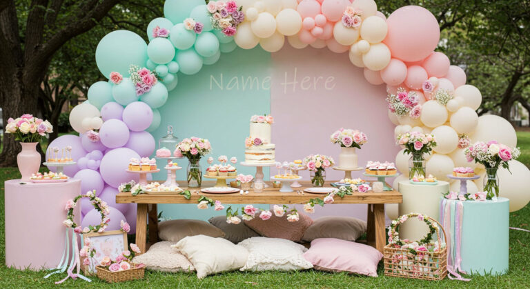 Pastel pink, mint, and lavender balloon arch with a gold foil number 1 balloon and floral accents for a baby girl’s 1st birthday party.