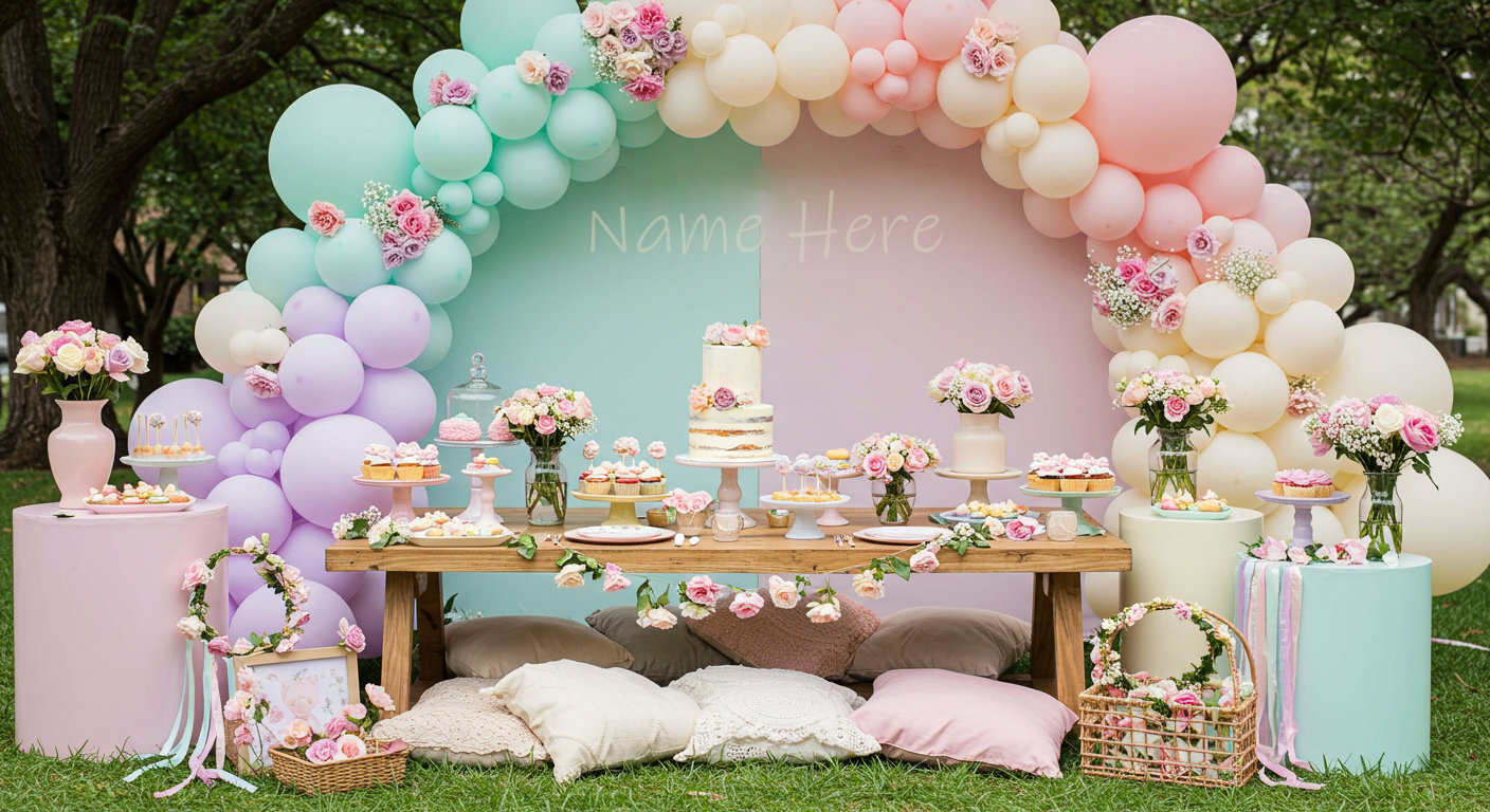 Pastel pink, mint, and lavender balloon arch with a gold foil number 1 balloon and floral accents for a baby girl’s 1st birthday party.